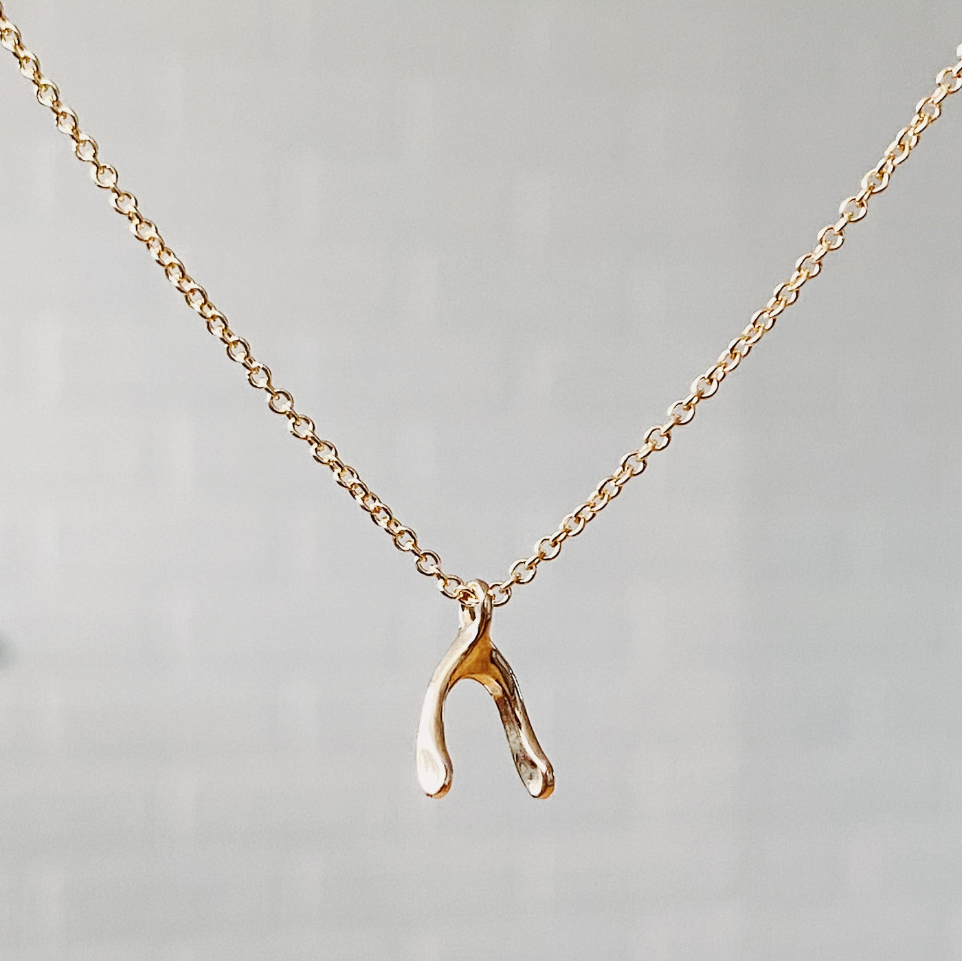 Gold Wishbone Necklace by Corey Egan side view in natural light