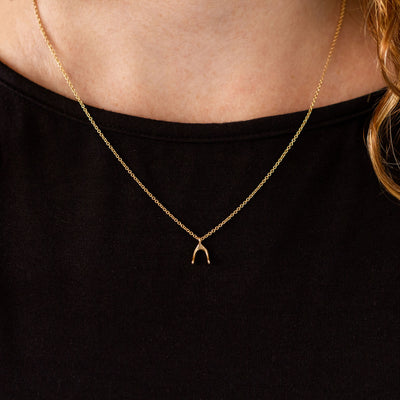 Gold Wishbone Necklace by Corey Egan around a neck vie #2