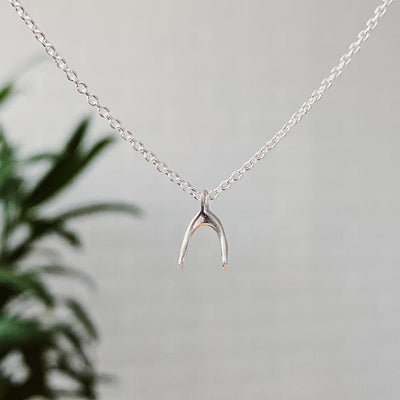 Silver Wishbone Necklace by Corey Egan in natural light