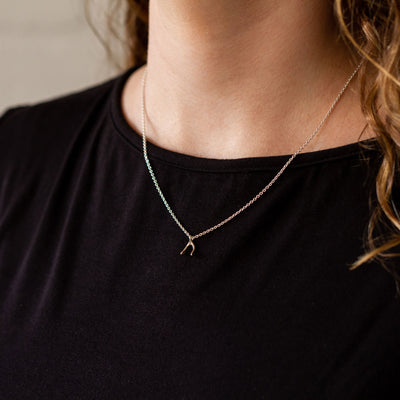 Silver Wishbone Necklace by Corey Egan around a neck