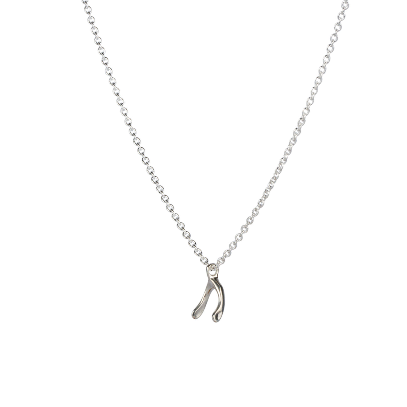 Silver Wishbone Necklace by Corey Egan Side view on a white background