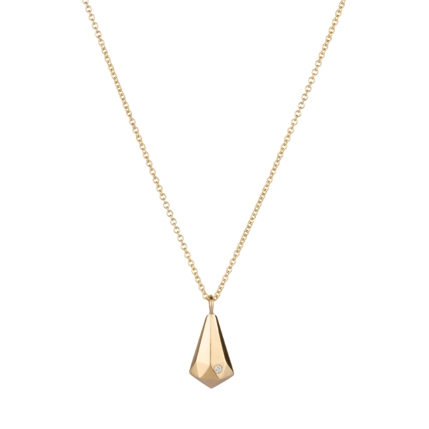 14k yellow gold faceted crystal fragment pendant with a diamond and a gold chain on a white background