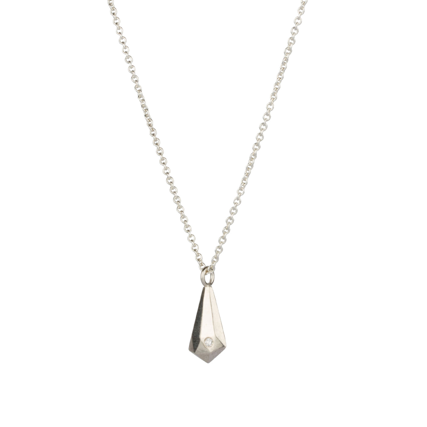 Side view of sterling Silver and Diamond Crystal Fragment Necklace  on a white background