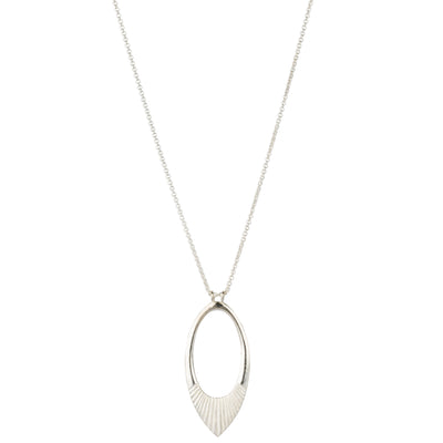 Extra long silver neckalce with large open petal shape pendant with carved ray texture across the bottom on a white background