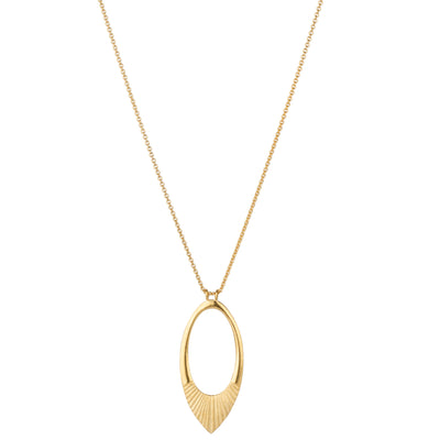 Ectra long neckalce with large open petal shape pendant with carved ray texture across the bottom on a white background