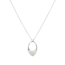 Silver medium open petal shape pendant with a textured bottom on a 22" silver chain on a white background