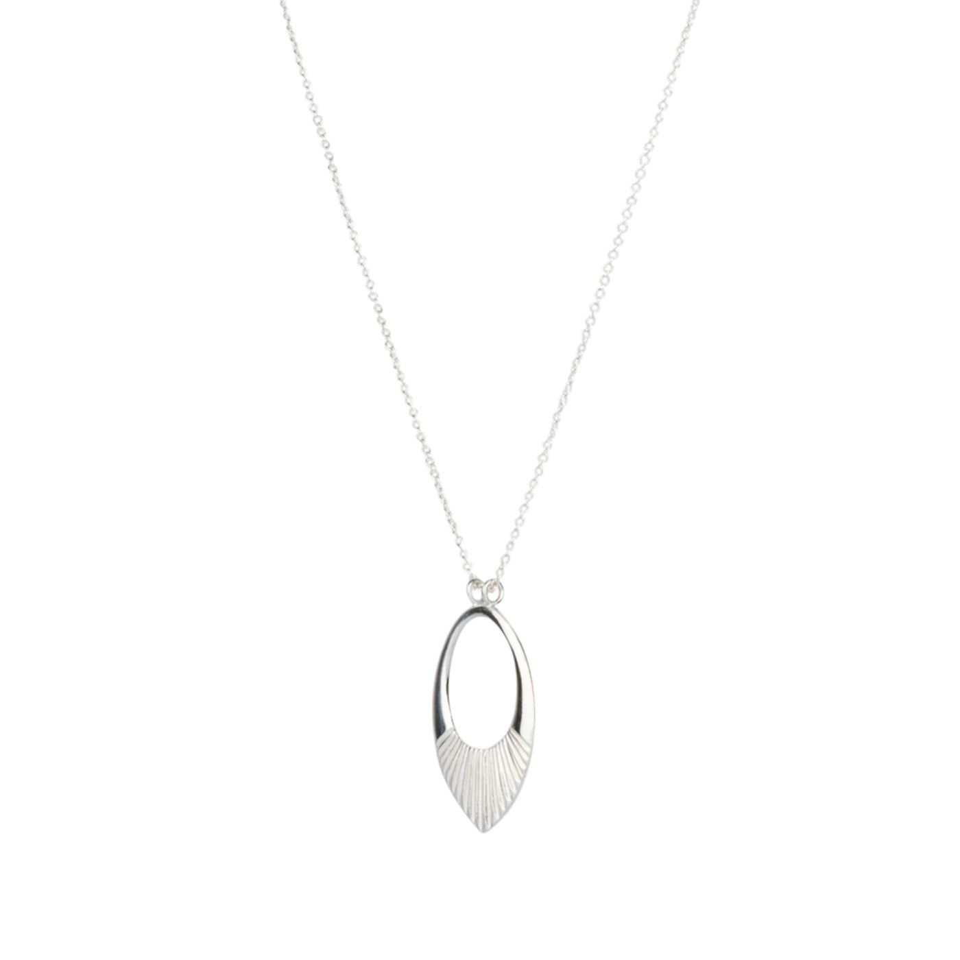 Side view silver medium open petal shape pendant with a textured bottom on a 22" silver chain on a white background