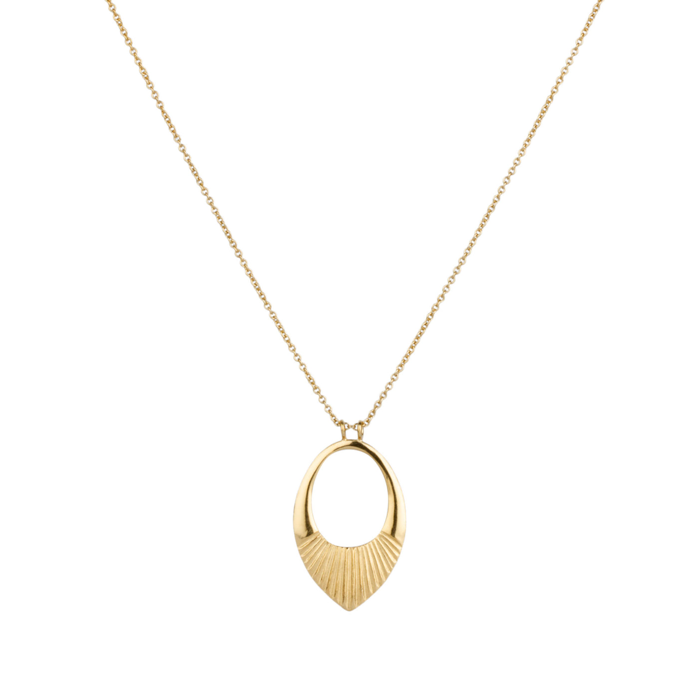 Gold vermeil medium open petal shape pendant with a textured bottom on a 22" silver chain