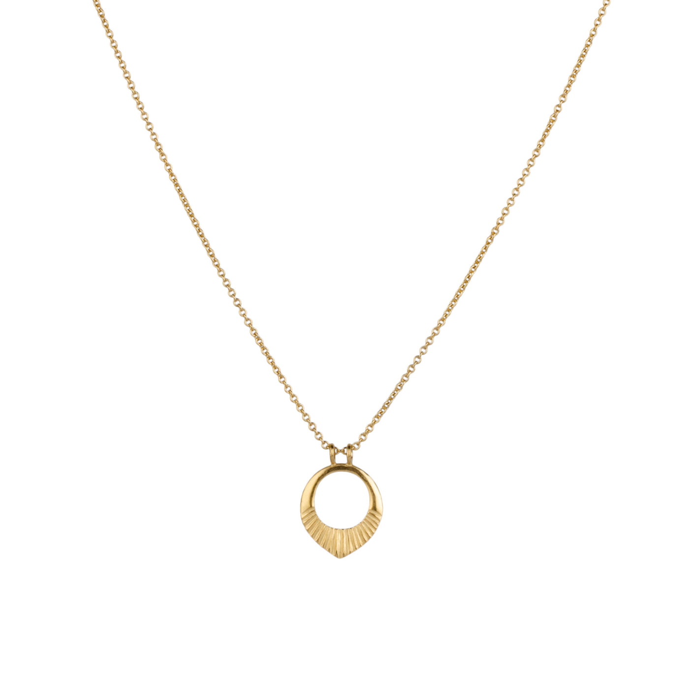 Small vermeil open petal shape necklace with carved rays across the bottom on a white background