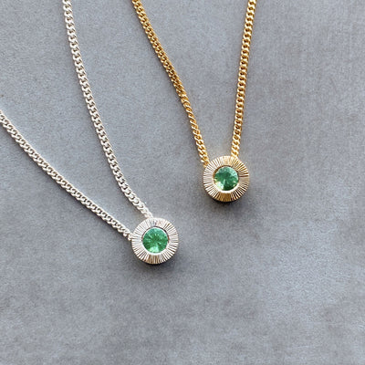 May birthstone Aurora slide necklace with emerald in silver and yellow gold