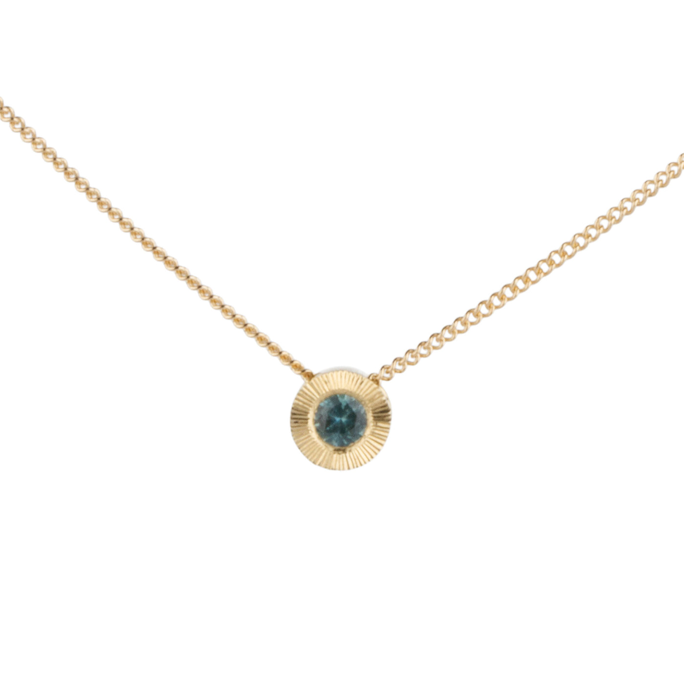 14k yellow gold small aurora necklace with a teal Montana sapphire center on a white background