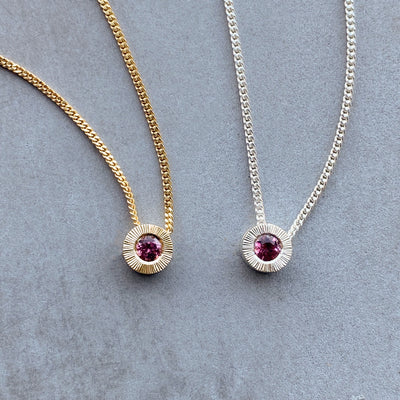 October birthstone Aurora slide necklace with pink tourmaline in silver and yellow gold
