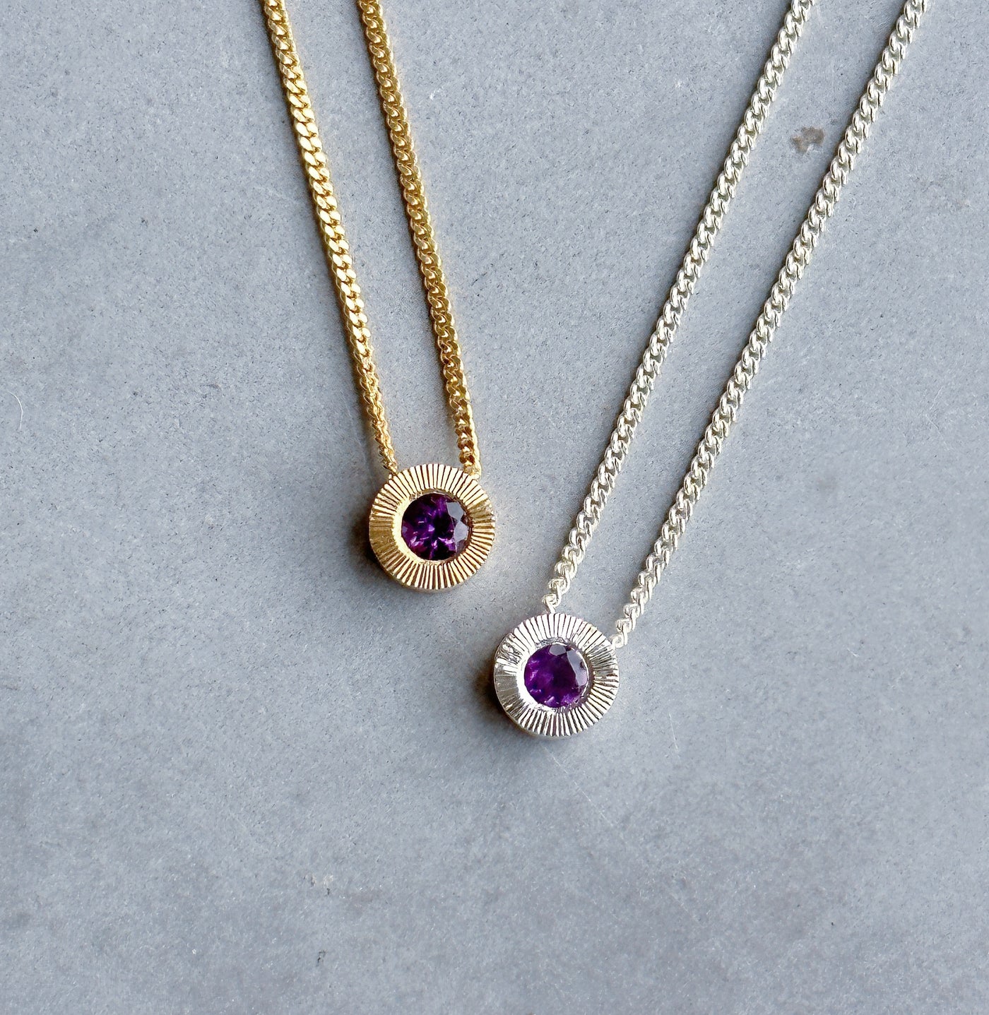 February birthstone Aurora necklace with Amethyst in silver in yellow gold