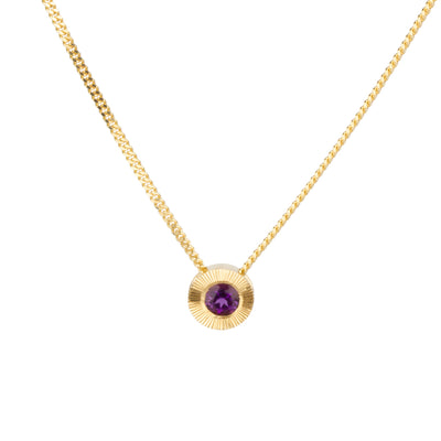 Amethyst aurora necklace in gold on white background, front angle