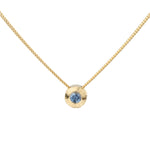 14k yellow gold small aurora necklace with a blue montana sapphire center 