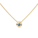14k yellow gold small aurora necklace with a blue montana sapphire center 