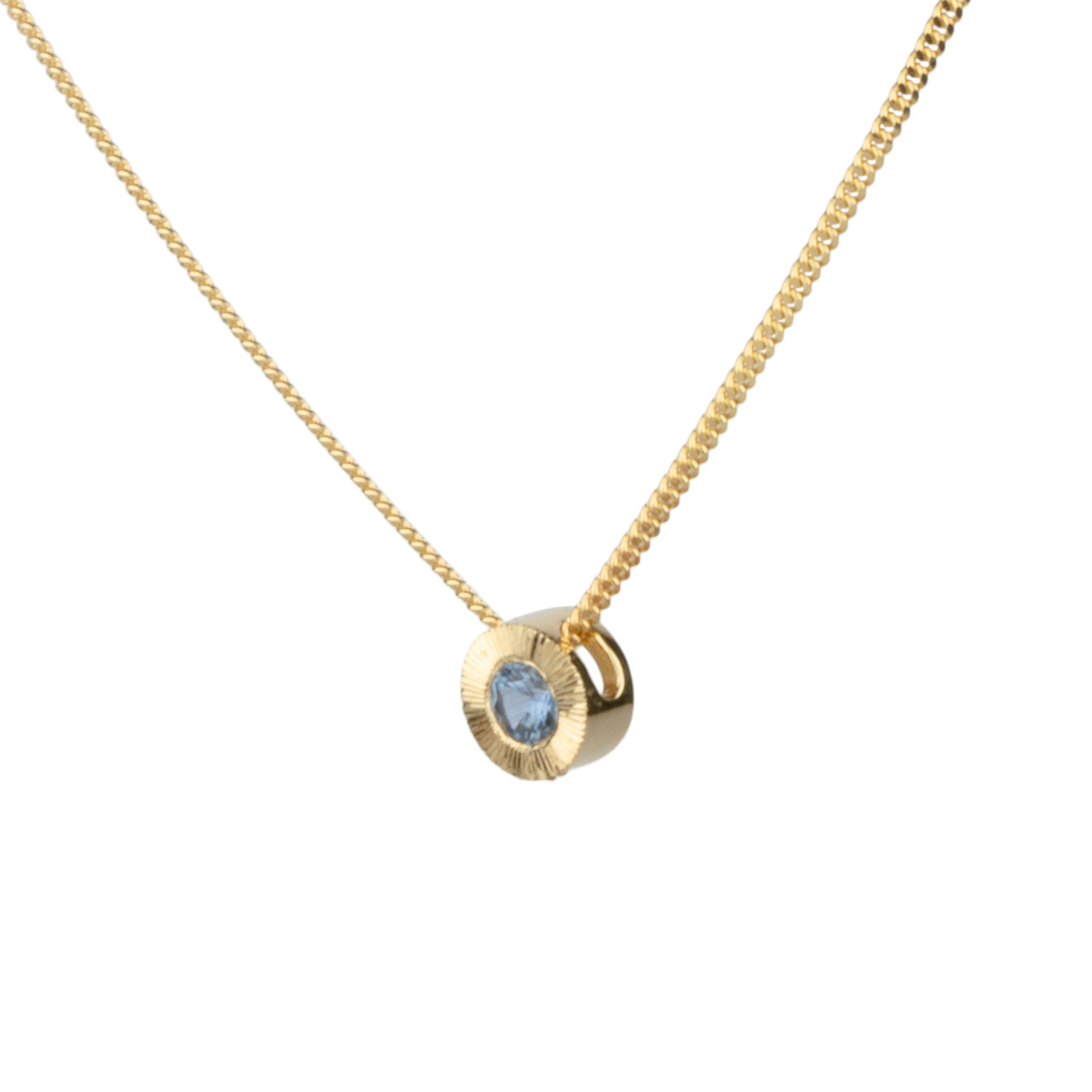 14k yellow gold small aurora necklace with a blue montana sapphire center side view