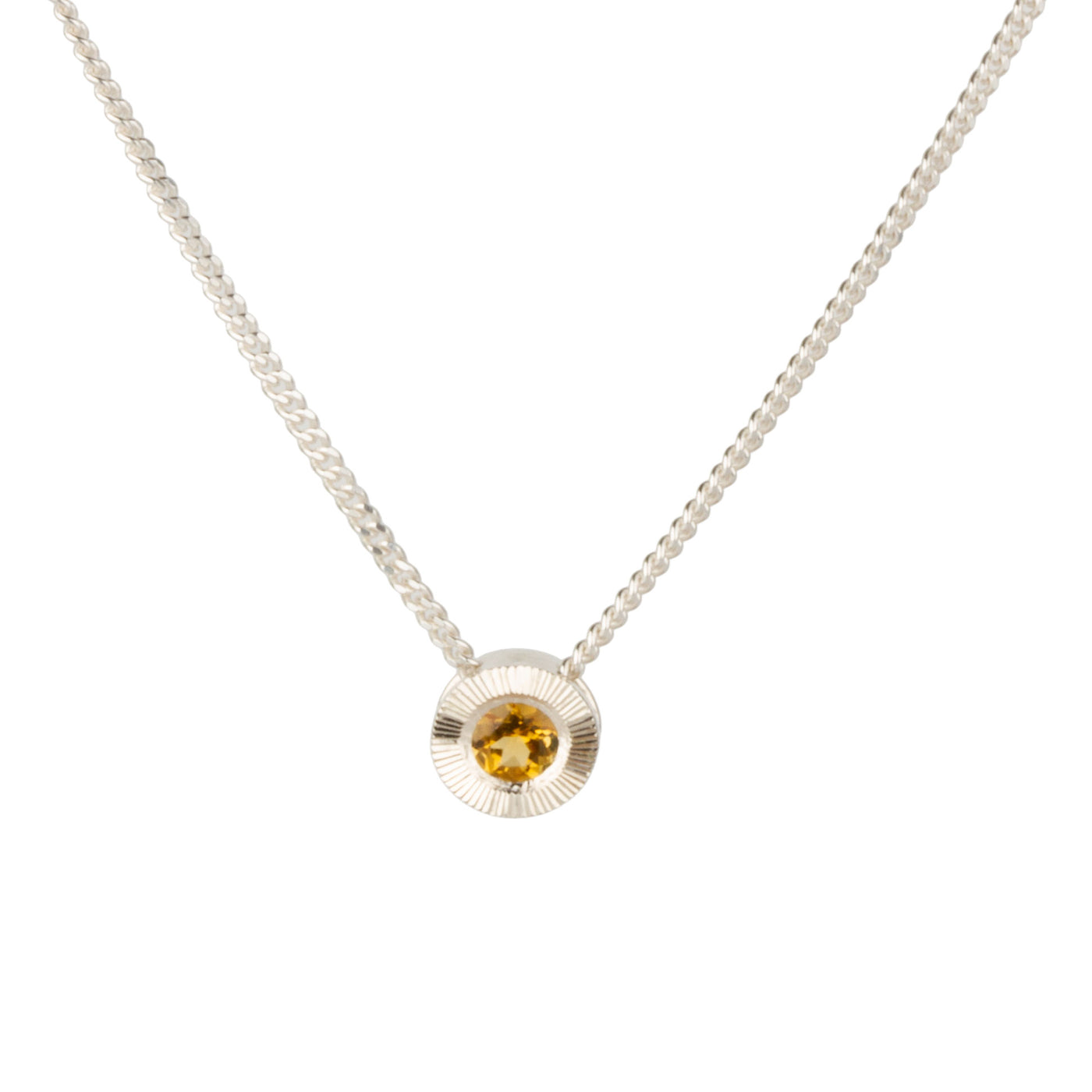 Citrine aurora necklace in silver on white background, front angle