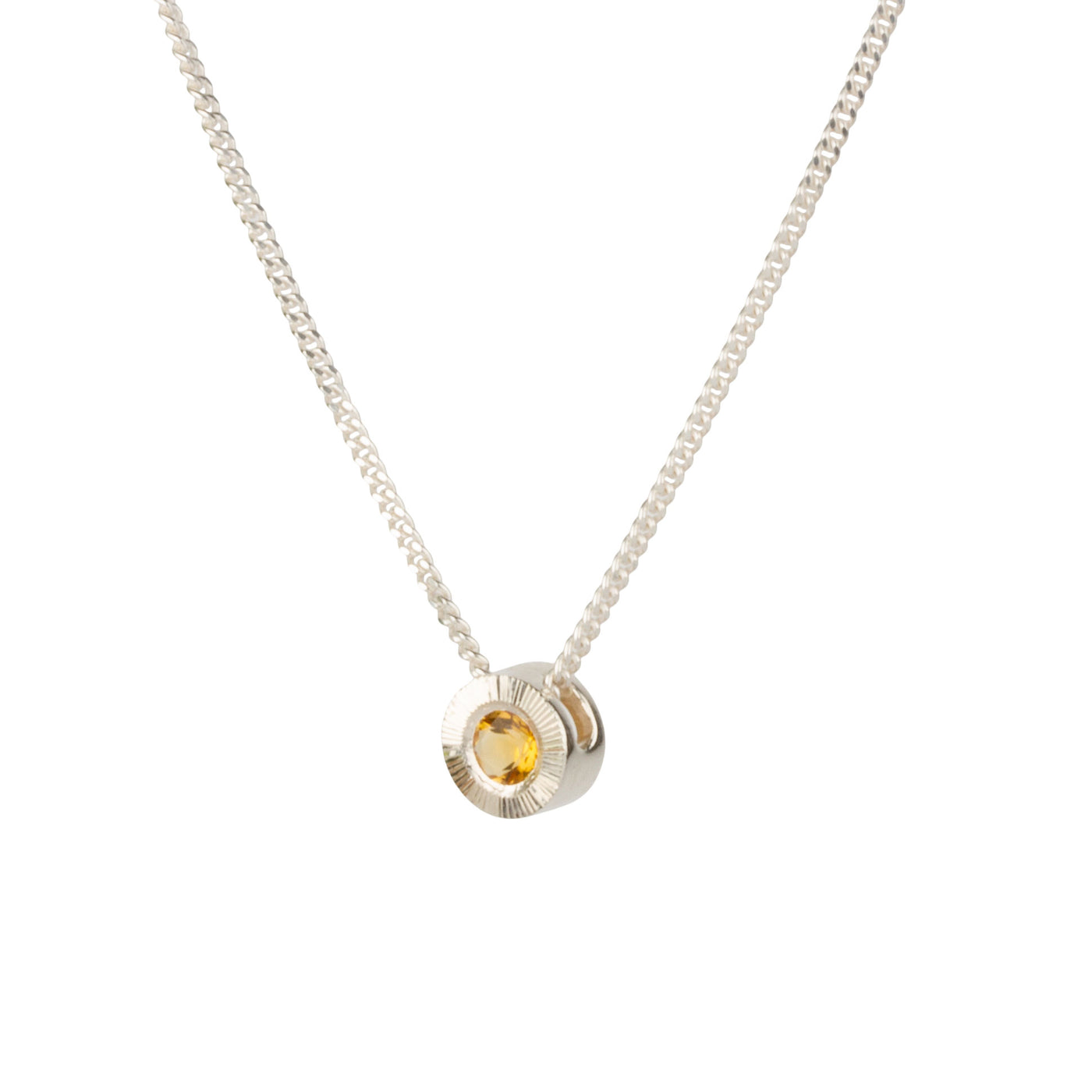 Citrine aurora necklace in silver on white background, side angle
