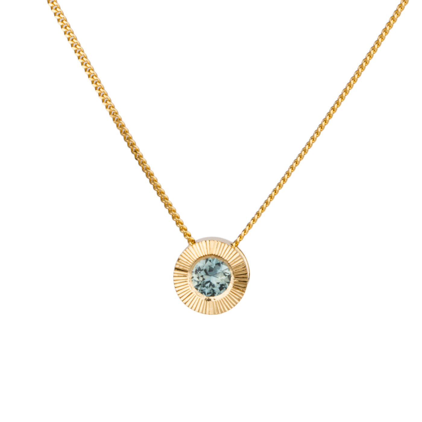 14k yellow gold Medium aurora necklace with a light teal Montana sapphire center on a white background