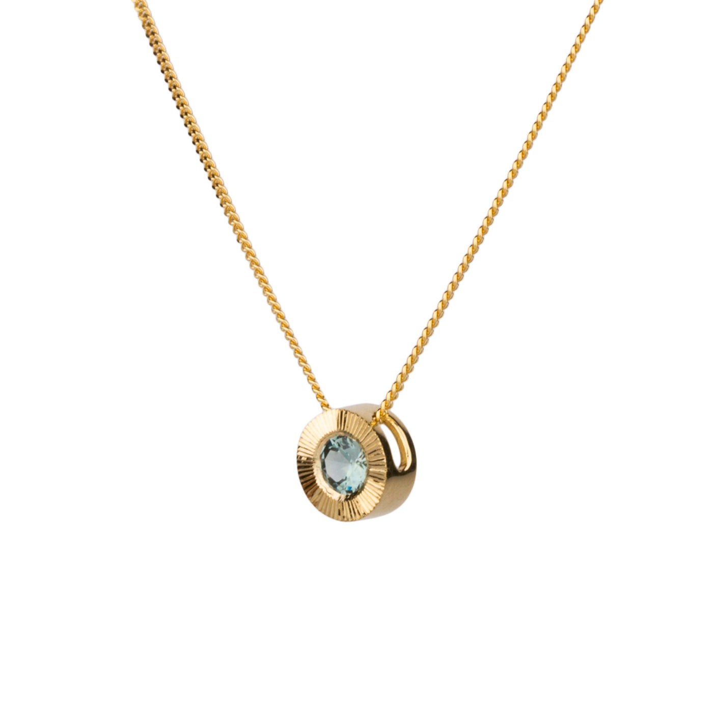 Side view 14k yellow gold Medium aurora necklace with a light teal Montana sapphire center on a white background