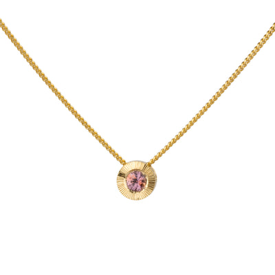 14k yellow gold small Aurora necklace with pink Montana sapphire center