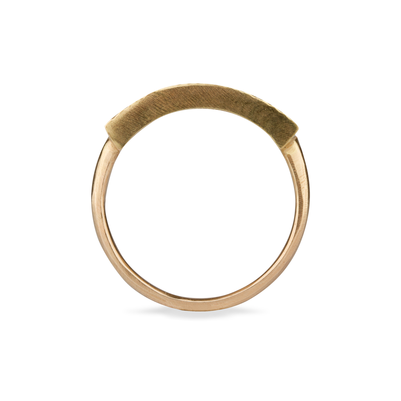 Yellow gold bar ring with three diamonds and a carved sunburst design around each by Corey Egan profile view on a white background