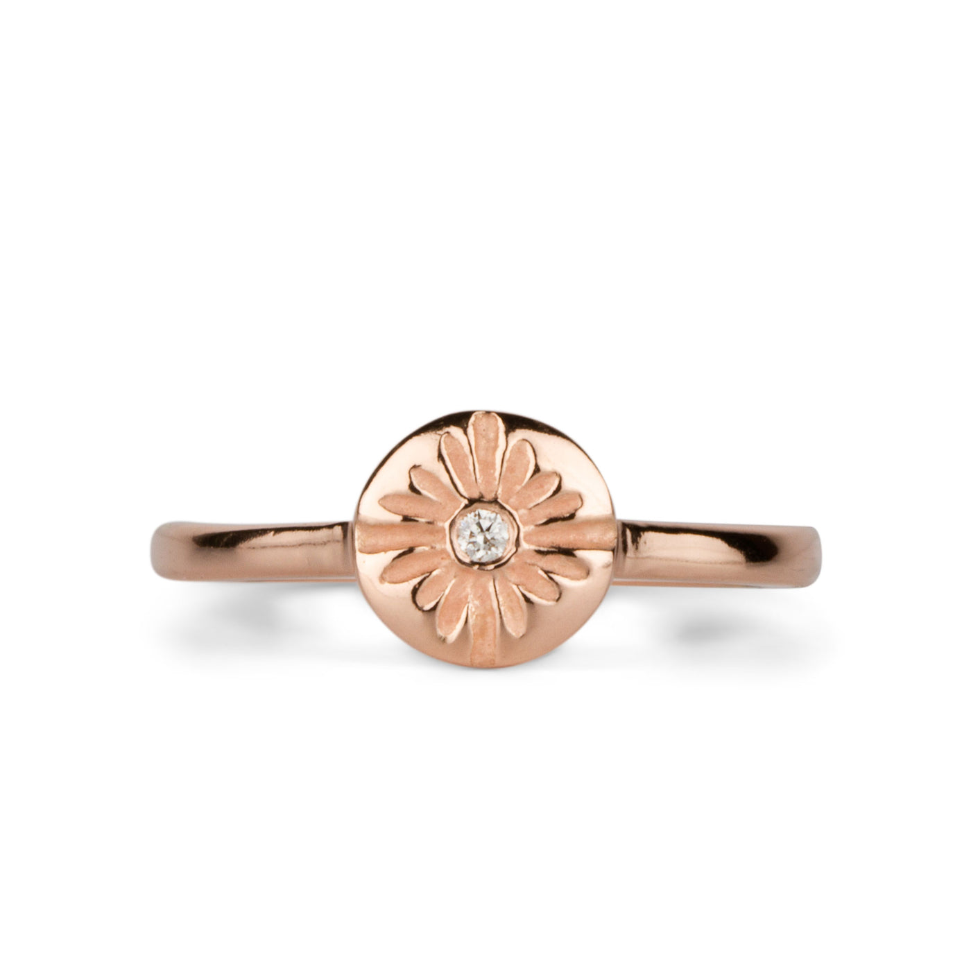 Lucia Small Rose Gold and Diamond Ring close up on a white background 