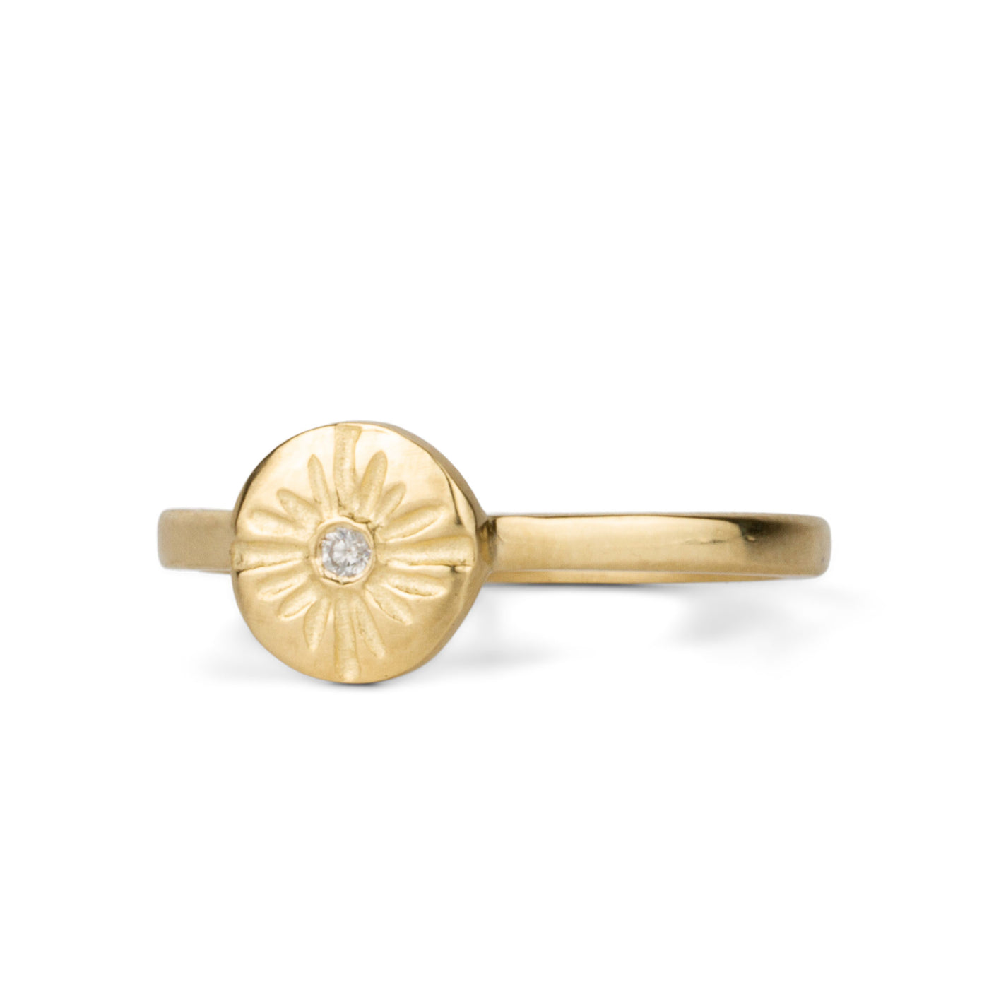 Lucia Small Yellow Gold and Diamond Ring side angle on a white background 