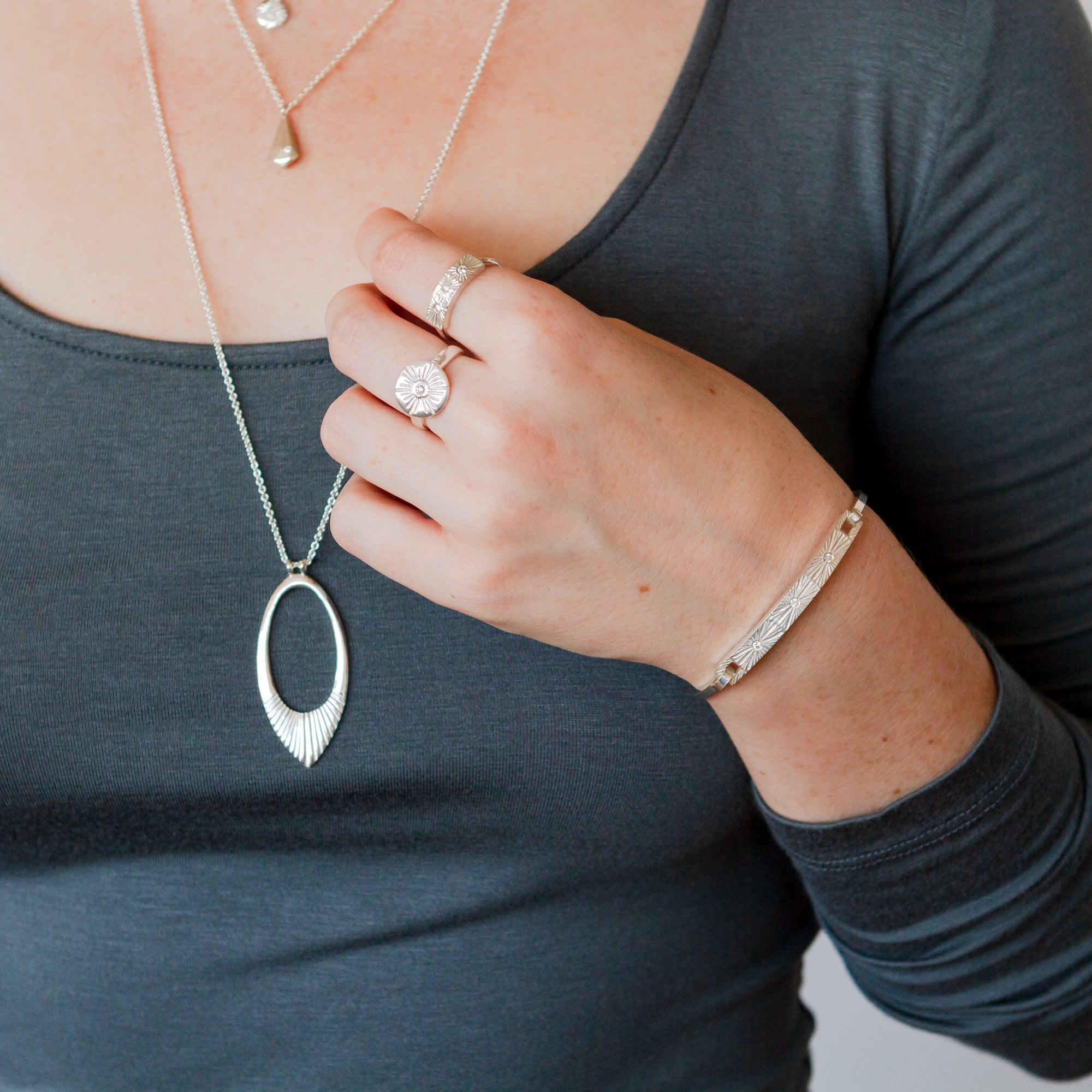 Sterling silver Large helios necklace, large lucia ring, nova ring, and nova bracelet