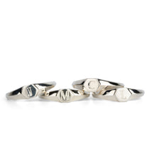 Low profile silver signet ring with hexagon top and engraved single block initial