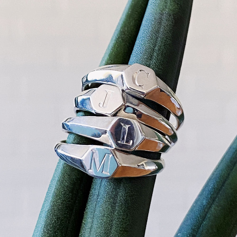 Low profile silver signet ring with hexagon top and engraved single block initial