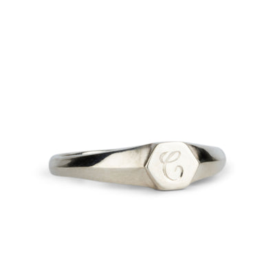 Low profile sterling silver signet ring with hexagon top and engraved single script "C" initial