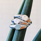 Low profile sterling silver signet ring with hexagon top and engraved single script initial