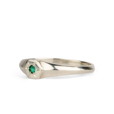 Side view sterling silver hexagon signet ring with a star set emerald in the center on a white background