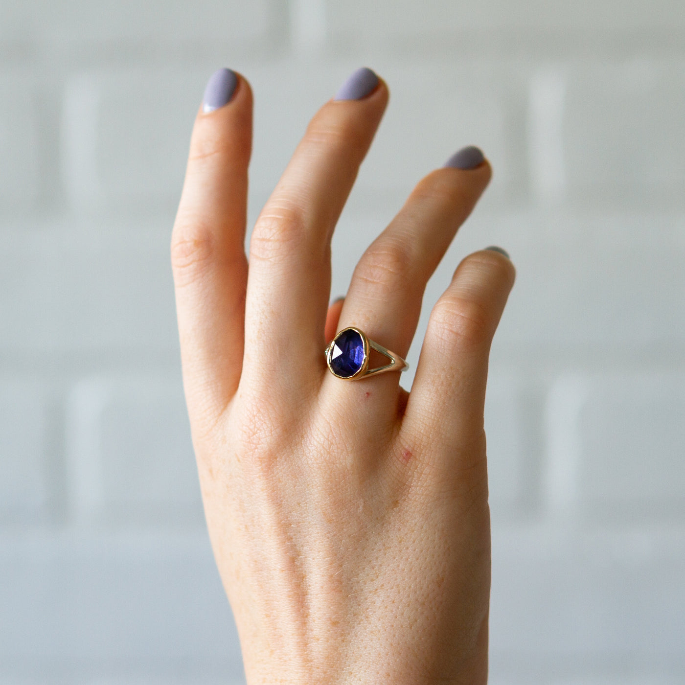 Iolite Silver and Gold Cleo Split Shank Ring