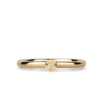 14k yellow gold small aurora stacking ring with a 1.5mm center diamond and engraved border