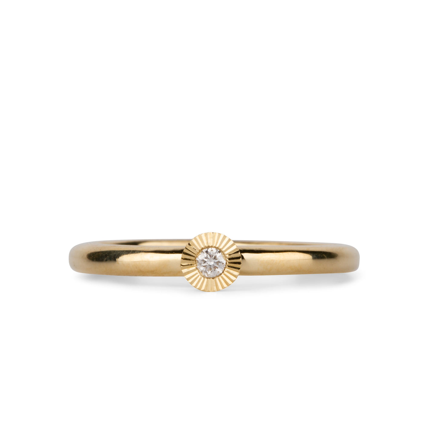14k yellow gold small aurora stacking ring with a 2mm center diamond and engraved border