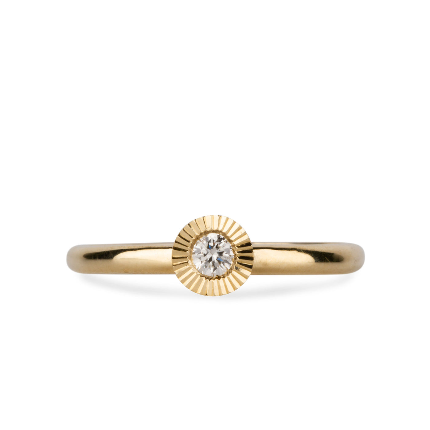 14k yellow gold large aurora stacking ring with a 3mm center diamond and engraved border