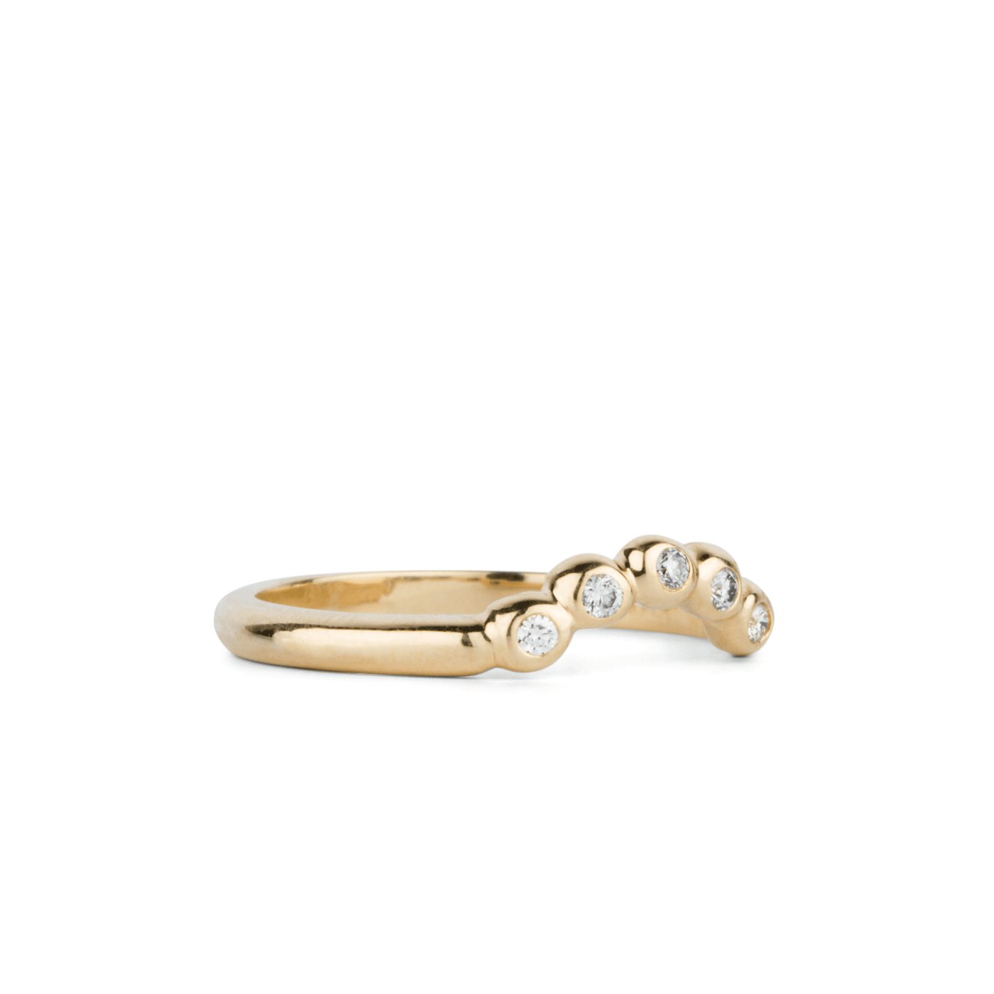 Arched Droplet Band in Yellow Gold with White Diamonds side view #2 on a white background by Corey Egan
