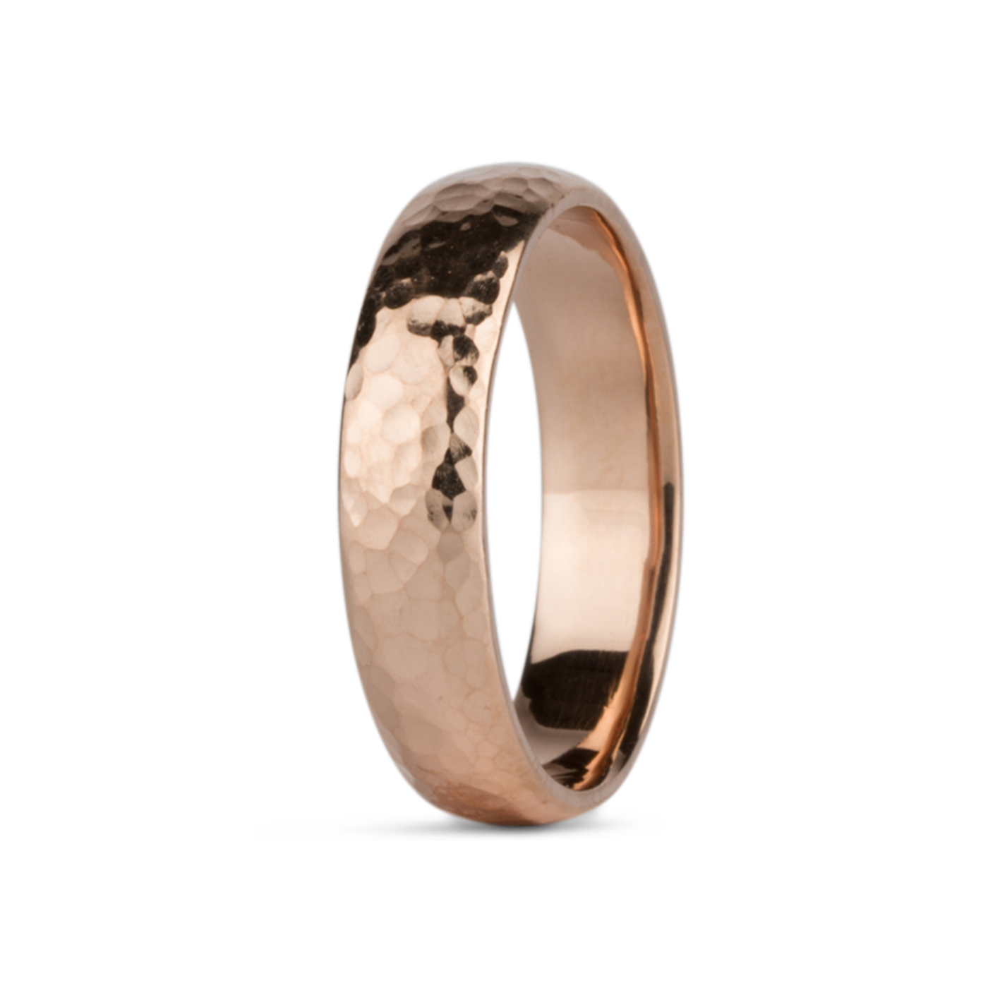 Blue Ridge Rose Gold Hammered Half Round band on a white background profile view by Corey Egan