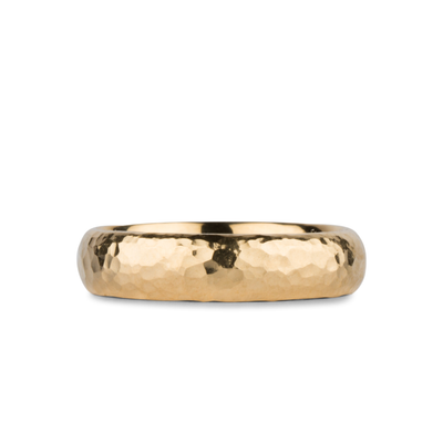 Blue Ridge Yellow Gold Hammered Half Round band on a white background by Corey Egan