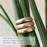 Blue Ridge half round hammered wedding bands, 5mm wide. Top band is white gold, middle is rose gold, bottom is yellow gold.