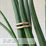 Thin half round Diablo brushed wedding bands. Top is rose gold, bottom is yellow gold.