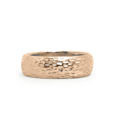 Lobos carved surface half-round wedding band in 14k rose gold. 