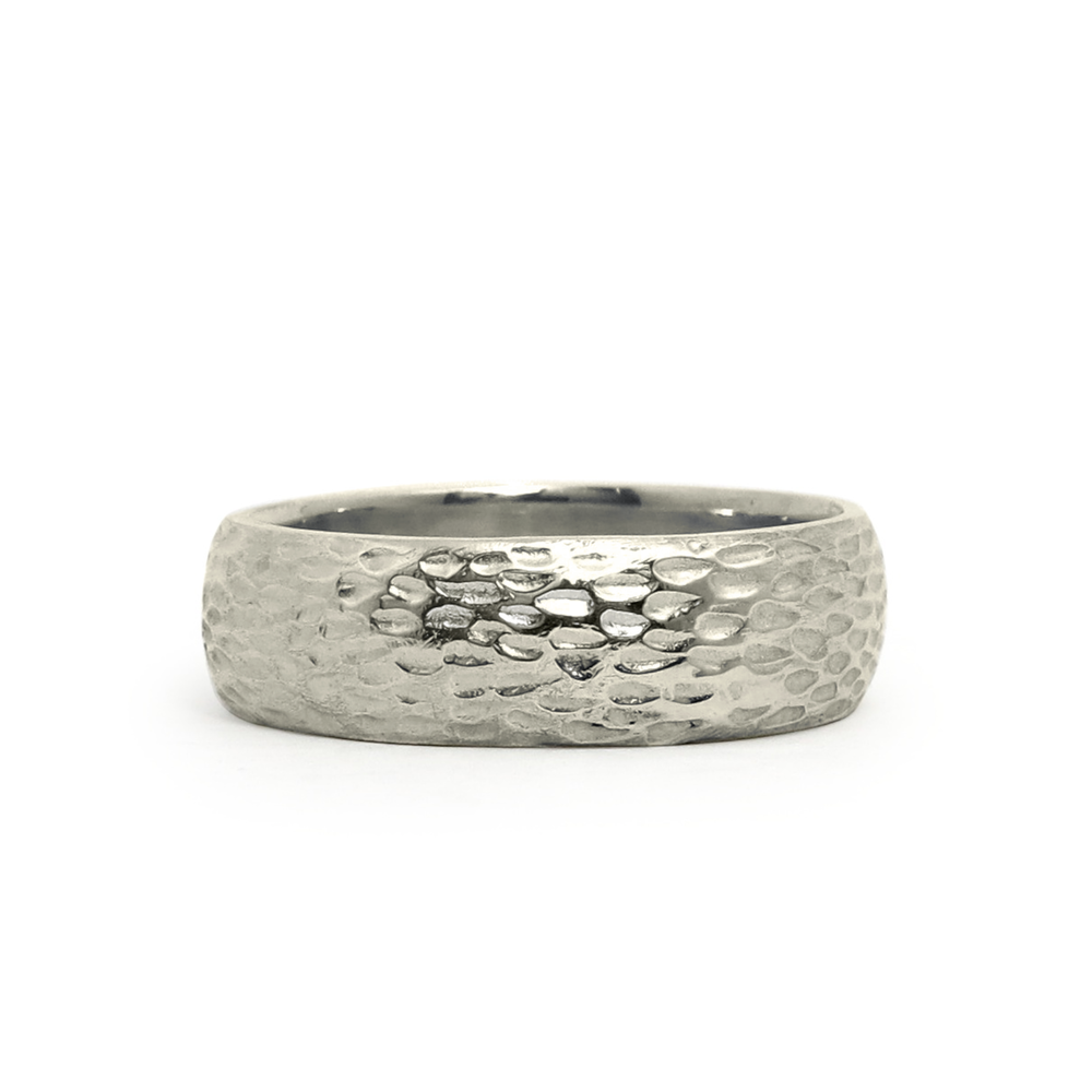 Lobos carved surface half-round wedding band in 14k white gold. 