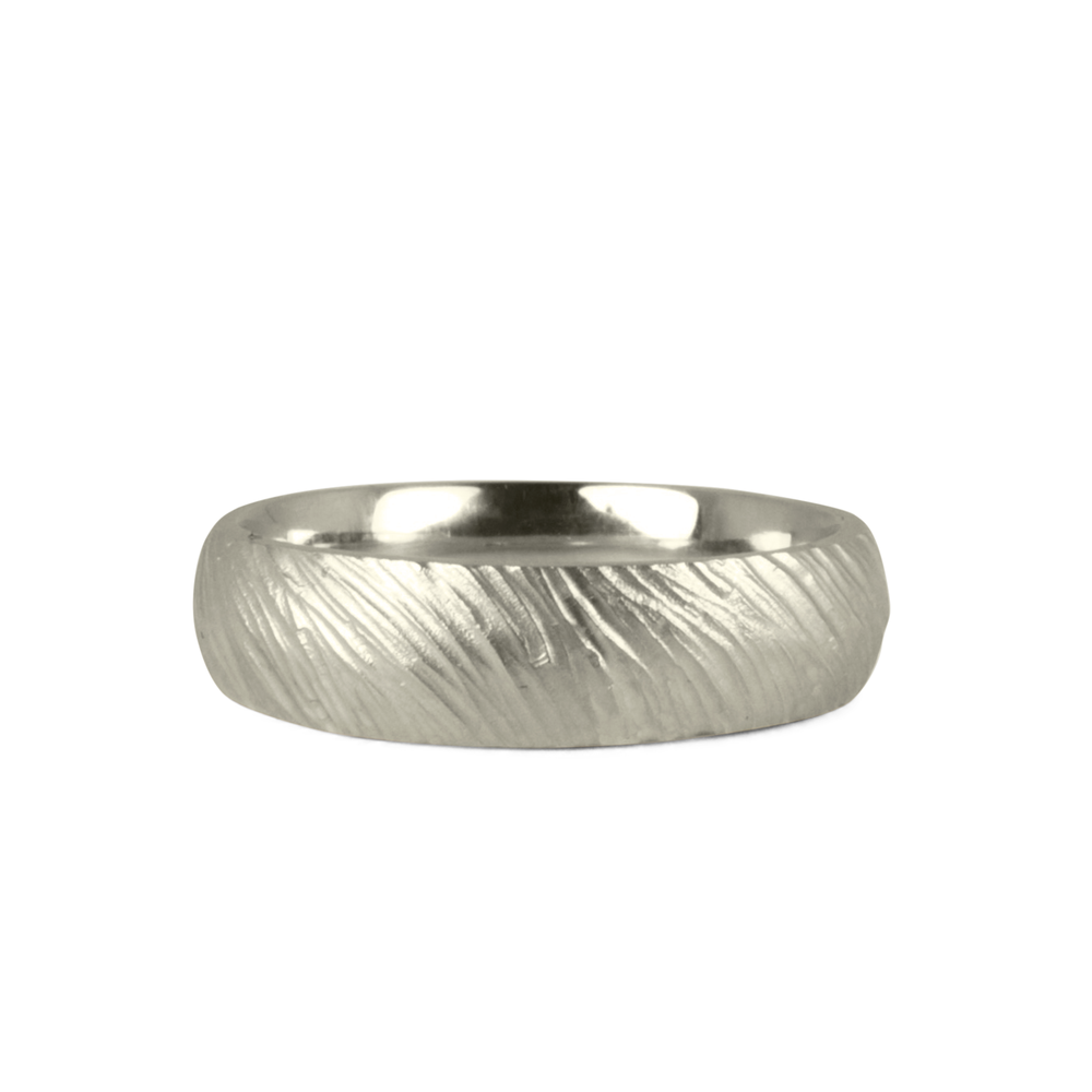 14k white gold carved and sandy textured surface Mackinac Band by Corey Egan
