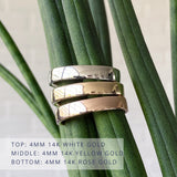Shiny flat Muir wedding bands 4mm wide in 3 colors: 14k white gold (top) 14k yellow gold (middle) 14k rose gold (bottom)