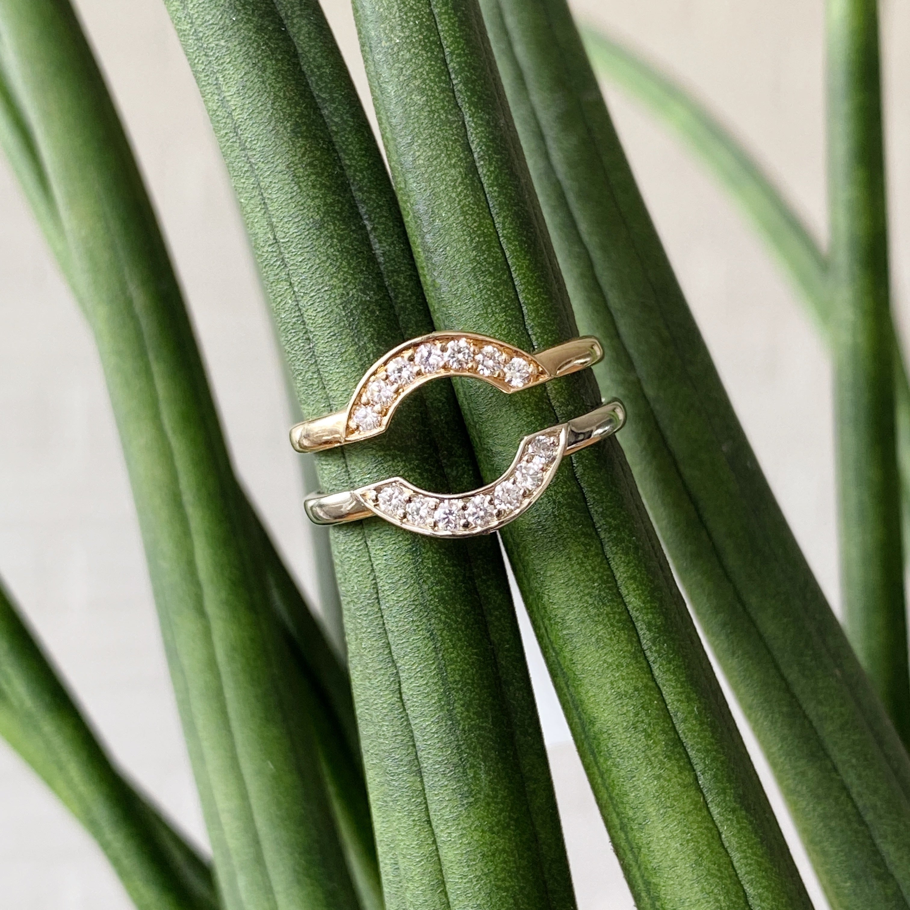 14k Yellow gold and 14k white gold small pave diamond arch band