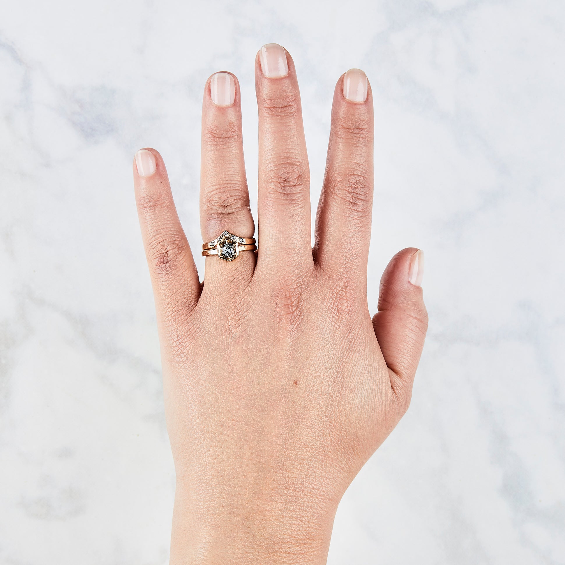 Pinnacles White Diamond Peaked Band with Issa Montana Sapphire Ring by Corey Egan on a hand